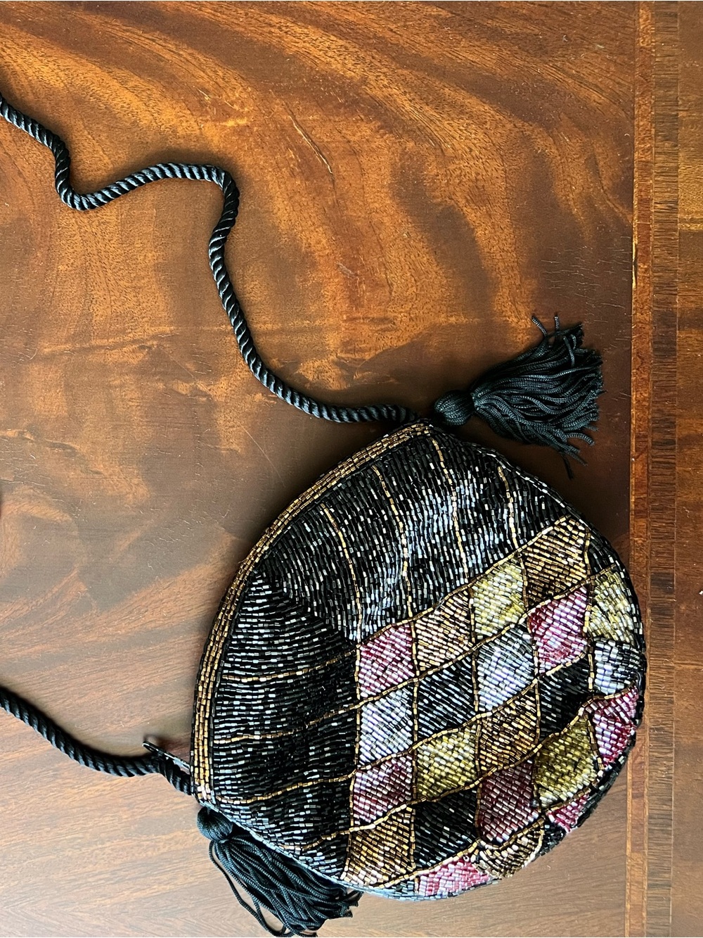 Beaded Crossbody Bag in Black with Multicolor Sequin Accents. 7x6 inches